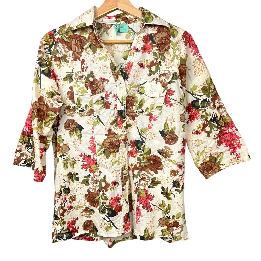 Women's Floral 100% Cotton Button-Up‎ Roll Tab Shirt by Love Potion Size Small
